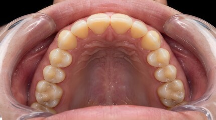 Obraz premium Intraoral Photo of Upper Dental Arch with Retractors for Orthodontic Assessment