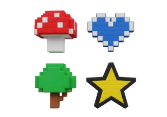 Set of Retro Pixel Art Icons: Mushroom, Heart, Tree, and Star on Black Background, Video Game Style
