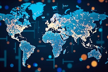 Glowing Digital World Map with Swirling Medical Coding and Billing Codes: A Futuristic Abstract Representation of Complexity and Interconnectedness.
