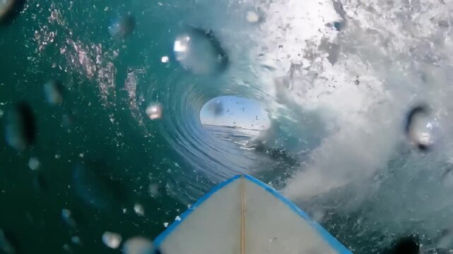 pov surfboard inside barreling wave, crystal teal tunnel lit by bright sun, water droplets splashing on lens, dynamic motion through hollow reef break, high-speed ride capturing spray and foam,