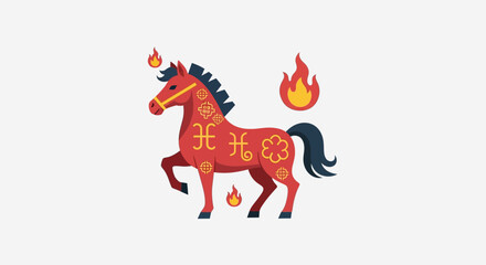 Naklejka premium Fiery Horse Illustration with Traditional Chinese Zodiac Symbols and Flaming Accents