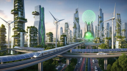 Obraz premium Futuristic EcoFriendly Cityscape with Sustainable Technology and Transportation.