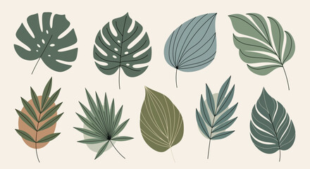 Collection of ten stylized, minimalist leaves with varied shapes and muted green, gray, and brown tones