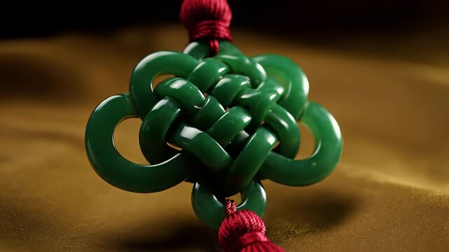 Cinematic macro push-in on translucent jade knotwork ornament and crimson tassel with chiaroscuro lighting
