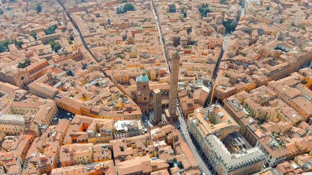 Bologna, Italy. Old Town. Two Towers. (Le due Torri) Garisenda and degli Asinelli. Towers from the 12th century. Summer. Drone footage, Point of interest