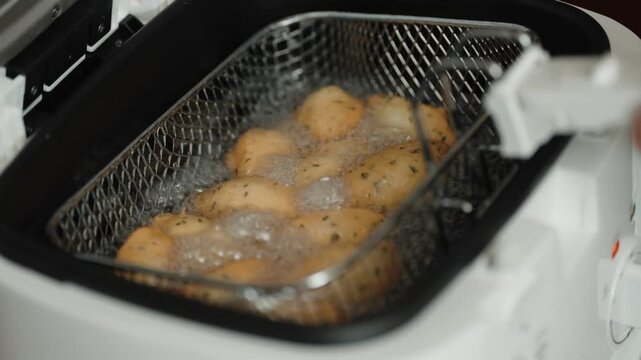 Close up of codfish fritters frying in hot oil inside deep fryer