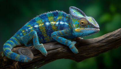 Obraz premium Chameleon on Branch A striking chameleon perches gracefully on a weathered branch, displaying its vibrant colors against a blurred natural backdrop.
