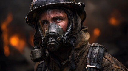 Fototapeta premium firefighter battling intense blaze in full gear, hero firefighter in smoky inferno, courageous firefighter at burning scene