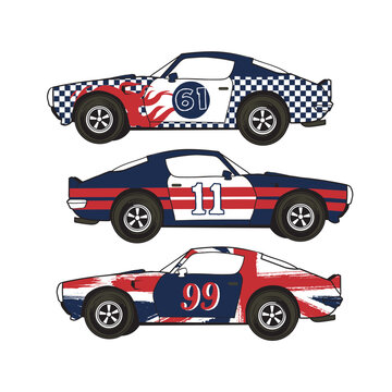 Red racing car vector illustration featuring a sleek sports automobile design with classic wheels and speed silhouette for luxury transportation model