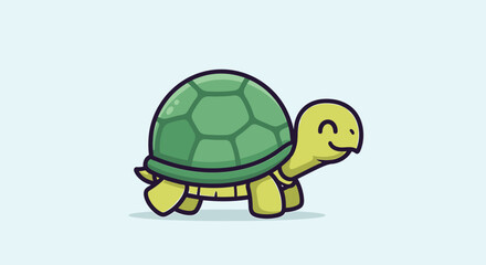 Obraz premium Cute smiling green cartoon turtle walking happily on a plain light blue background.