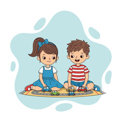 Naklejka premium Two children playing with toy cars on a colorful rug indoors 