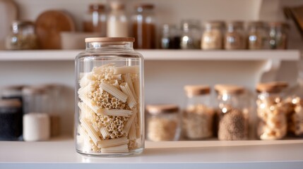 Fototapeta premium Glass jar filled with pasta standing on kitchen counter with organized shelves and jars of grains, seeds and other ingredients in background