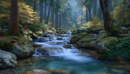Obraz premium Serene Forest Stream Capture the tranquility of a forest, the gentle flow of a crystal-clear stream meanders through a landscape of ancient trees and moss-covered stones.