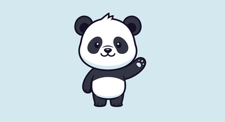 Fototapeta premium A cute cartoon baby panda bear waving hello with a friendly smile on a light blue background, full body shot.
