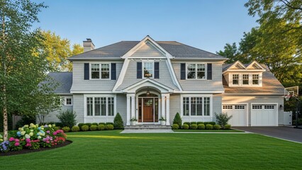 Fototapeta premium Beautiful large white house with green lawn and colorful flowers