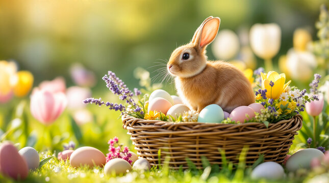  Osterhase im Weidenkorb mit bunten Ostereiern und Fr&uuml;hlingsblumen auf Wiese bei warmem Licht