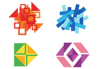 Set of Four Abstract Geometric Colorful Shapes and Patterns on a Black Background, Graphic Elements