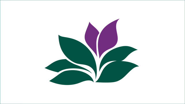 A stylized floral graphic, featuring a purple bloom at the center surrounded by green leaves