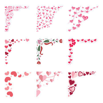 Heart corner border collection. Vector pink romantic angle frames for Valentine's Day flyer decoration isolated on white