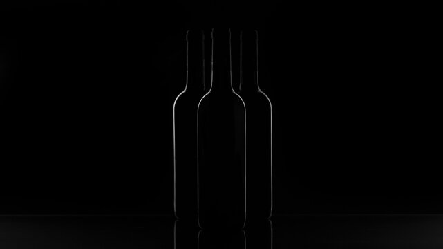 Silhouette of three wine bottles without stickers on a black background