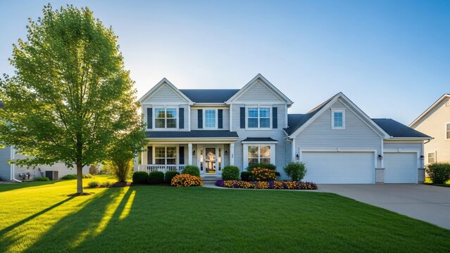 Beautiful white house with green lawn and tree in front yard