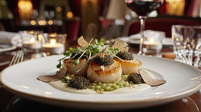 Gourmet dish presentation featuring scallops and fine dining elements