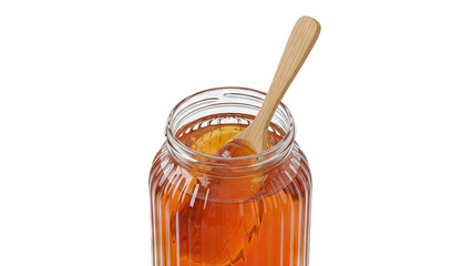 Glass jar filled with golden honey and a wooden spoon