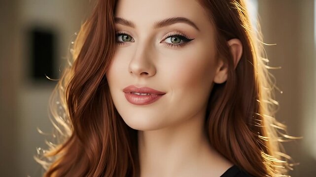 A beautiful young woman with long, wavy reddish-brown hair gracefully opens her vibrant green eyes, transitioning from a peaceful, serene state to a gentle, confident gaze directed towards the viewer.