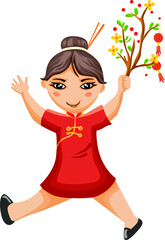 Fototapeta premium Girl Holding Cherry Blossom Branch with Lanterns