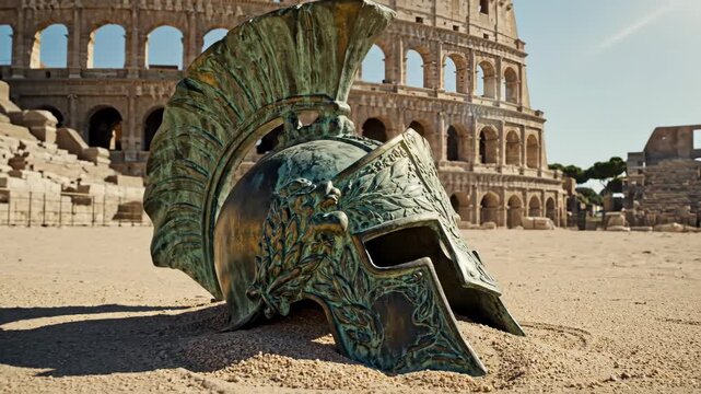 Roman gladiator armor helmet on sand in Colosseum ruins. Ancient history and travel concept.