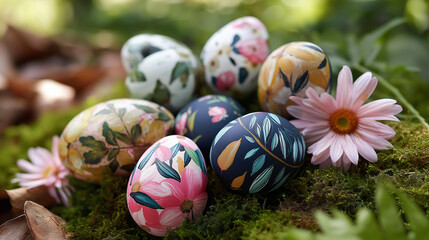 Obraz premium Hand-decorated easter eggs with floral patterns nestled on moss surrounded by pink daisies set outdoors, sustainable zero waste easter decor, DIY gifts for easter, with copy space