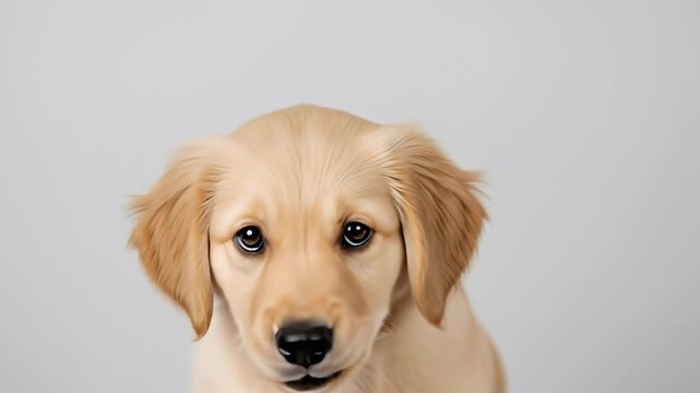 A captivating close-up portrait of an adorable golden retriever puppy, showcasing its innocent gaze and charming personality against a clean, light studio background. The sequence captures the puppy l