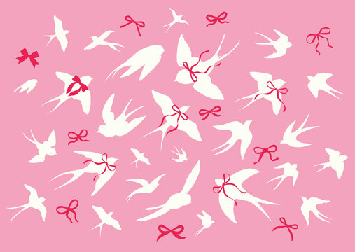 Swallow, martlet. Love letter birds with bows. Barn swallow flying, wings spread. Hirundo rustica on white background. Wildlife. Tattoo design set, wild animals, free