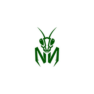 Stylized praying mantis logo in green geometric vector design, symmetrical insect emblem isolated on white background