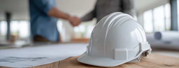 White safety helmet rests on architectural blueprints at construction site.