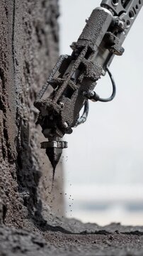 Close-up of a construction tool spraying concrete during the building process. Dust particles suspended in air