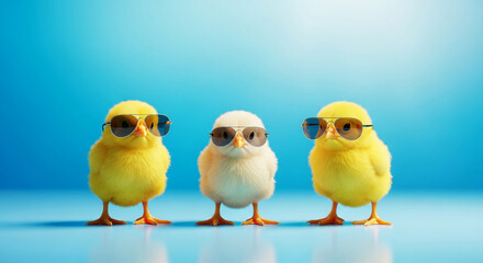 Naklejka premium Three chick, two yellow and one white, wearing sunglasses, on a blue surface, representing style and coolness, for spring, Easter, or childhood concepts