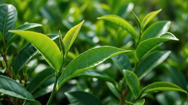 A close-up shot beautifully captures the delicate and vibrant green leaves of a plant, glistening in natural sunlight. The fresh, young foliage showcases intricate textures and a luminous, healthy col