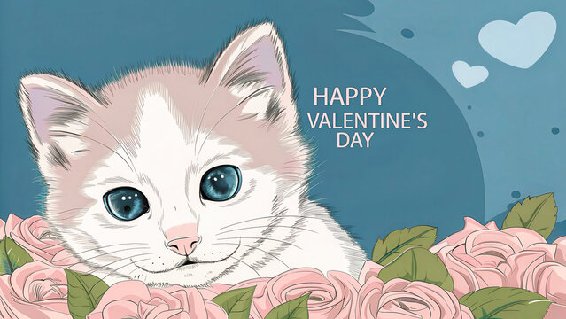 Katze mit blauen Augen zwischen Rosen &ndash; Valentinstag Gru&szlig;karte Illustration