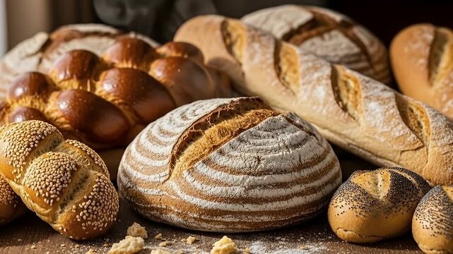 A delectable assortment of freshly baked bread is beautifully displayed on a rustic wooden surface, lightly dusted with flour and scattered crumbs. The scene showcases various artisanal loaves, includ