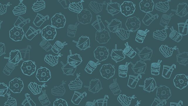 Repeating pattern of doughnuts, drinks, cake, and noodles perfect for food blogs, menus, packaging, and social media content. Delicious and enticing food design.