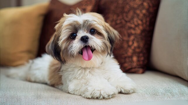 Happy adorable Shih Tzu relaxing on the floor near a comfortable sofa, enjoying a cozy and peaceful moment at home
