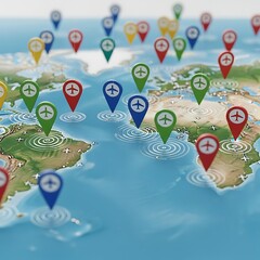 Global travel destinations marked on world map with colorful location pins