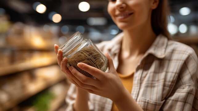 Faceless owner or seller with glass jar of groceries in zero waste shop, sustainable business operator, package-free merchant, eco-friendly retailer, defocused person, with copy space