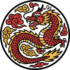 Fototapeta premium Chinese Dragon Lunar New Year Vector Illustration – Red and Gold Traditional Dragon. Highly detailed Chinese dragon vector illustration in red and gold, symbolizing Lunar New Year, prosperity, luck.