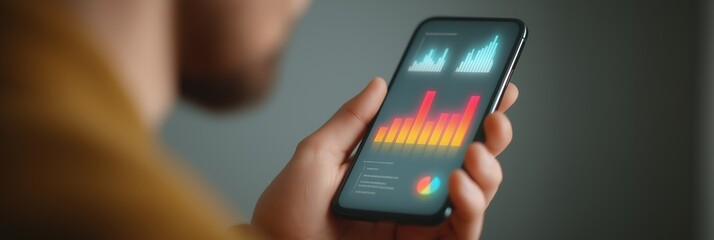 Man holding mobile phone displaying financial data, business charts, and graph on screen. Concept of digital technology, analysis, and information