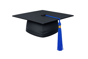 Black graduation cap with blue tassel symbolizing academic achievement, university education, student success, and ceremony celebration on transparent background