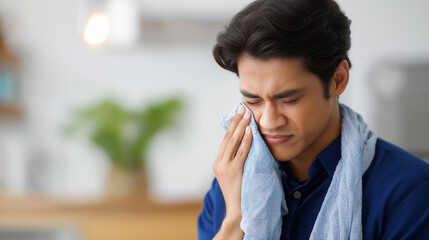 Faceless young man applying cold compress to face while suffering from severe toothache in room dental pain management attempt oral discomfort home treatment pain relief effort