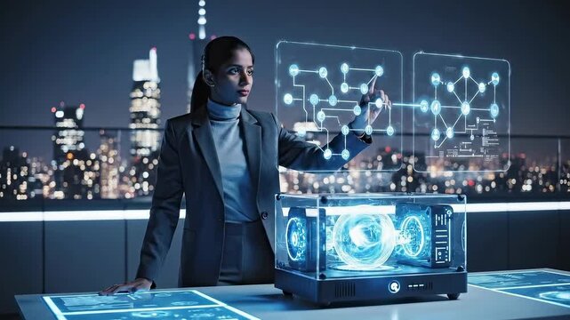 Rooftop lab with city skyline and holograms - white executive interacts with neural network projection and prototype module while illuminated metropolis provides backdrop - confident product