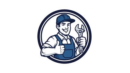 Smiling Mechanic with Wrench and Thumbs Up in Circle Logo.